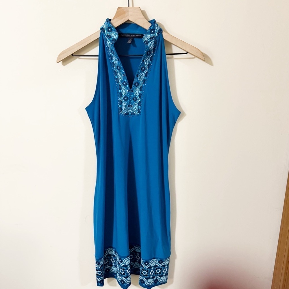 WHBM Womens Beaded Blue Tank Dress Size Small Beach Summer Bohemian